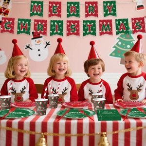 Christmas party tableware set with red and green stripes featuring plates cups and banner