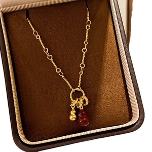 18k gold plated double gourd necklace with red agate pendant in vintage Chinese style