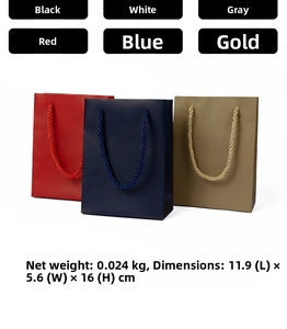 Three premium paper gift bags in red, navy, and champagne gold with rope handles 11.9x5.6x16cm