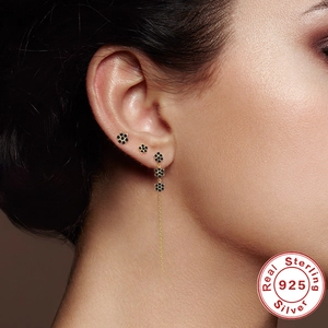 3-piece set of 925 sterling silver gold flower stud earrings and tassel chain ear wire