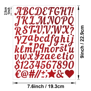 Detail of 1-inch red glitter alphabet and number stickers for DIY gift card decoration