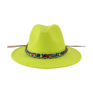 Ethnic style felt hat in fluorescent yellow with colorful beaded decorative band