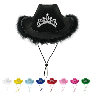 Felt Western Cowboy Hat Rhinestone Crown Feather Trim Performance Party Accessory With Adjustable Chin Strap