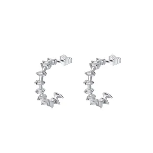 925 Sterling Silver C-Shape Hoop Earrings With Baguette Cubic Zirconia Minimalist Geometric Jewelry For Women