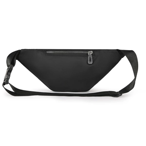 Detailed view of black water-resistant fanny pack with silver zippers and adjustable strap