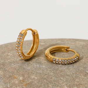 Stainless Steel Hoop Earrings With Micro Inlaid Rhinestones Retro Round Hinged Ear Clips For Women Elegant Jewelry