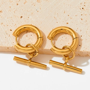 French vintage gold-plated stainless steel hoop earrings with geometric T-bar toggle pendant