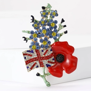 Creative Red Poppy Flower Brooch With British Flag Union Jack Design Rhinestone Enamel Alloy Brooch For Women Men Jewelry