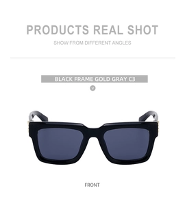Front view of black square frame sunglasses with gold trim and gray lenses, model C3