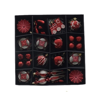 16-piece set of assorted red and silver glitter Christmas tree hanging ornaments in box