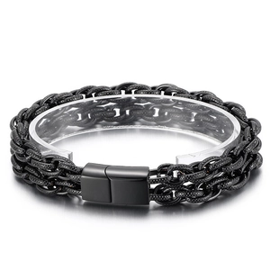 Men's matte black stainless steel double-row woven chain bracelet with magnetic clasp