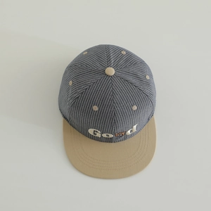 Top view of striped kids flat brim cap with Good embroidery and bear mascot detail