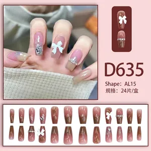 Pink gradient coffin press-on nails with white 3D bows and sparkling silver glitters