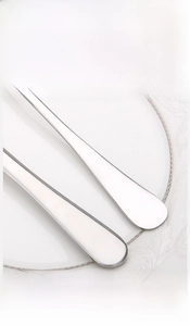 Macro shot of polished stainless steel cutlery handles with a silver mirror finish