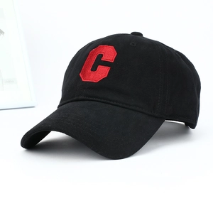 Close-up of a black cotton baseball cap with a premium 3D red embroidered C letter logo
