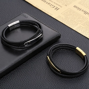 Multilayer braided black leather bracelet with magnetic metal clasp and steel plate
