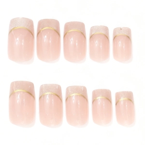 Elegant nude pink french square press-on nails with golden line and glitter tips