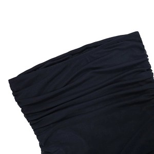 Close-up of black mesh fabric with pleated texture and sheer material details