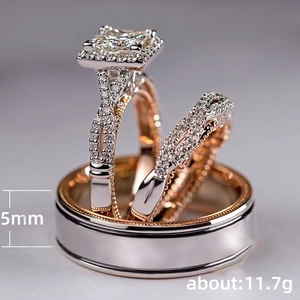 Luxury 3-piece rose gold stackable engagement ring set with square zircon for women