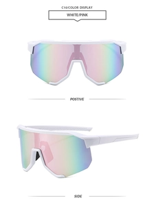 Detail of white sports cycling sunglasses with pink-green gradient iridescent lens