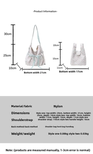 Detailed size chart for nylon tote bags showing dimensions and strap height in centimeters