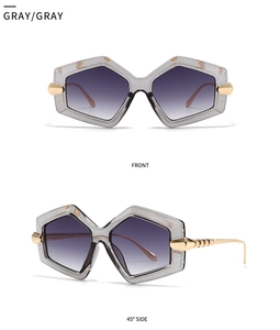 Front and 45-degree side view of oversized hexagonal sunglasses with gray gradient lenses