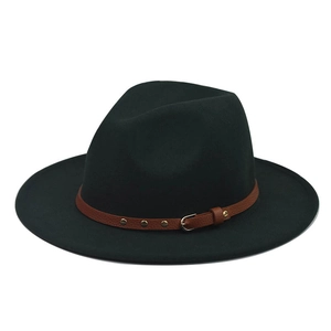 Detailed view of a dark green felt fedora hat with a decorative brown belt buckle