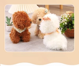 Detailed plush puppy toys with plaid bandanas and hair bows in cozy home setting