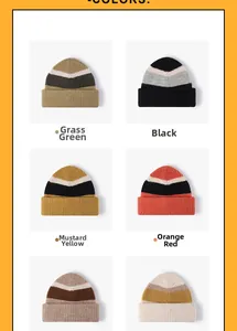Flat lay of striped wool beanies in diverse color combinations like green and orange