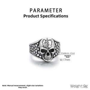 Macro detail of punk skull ring in stainless steel with 17mm width and 9g weight specs