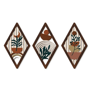 Set of three diamond bohemian wooden wall art pieces with green botanical leaf designs