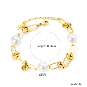 Golden stainless steel knot chain bracelet with large white pearls and lobster clasp