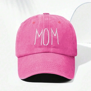 Classic washed pink cotton baseball cap with white MOM embroidery on the front