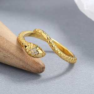 925 Sterling Silver snake-shaped open ring in gold finish with white zircon accents