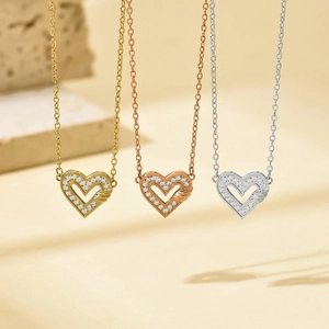 Titanium steel heart pendant necklaces in gold, silver, and rose gold with zircon stones