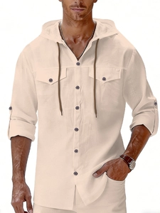 Detailed texture of men's beige linen hooded shirt with drawstring and button closure