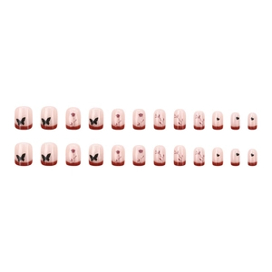 French gradient press-on nails with red rose and black butterfly designs, 24 piece set