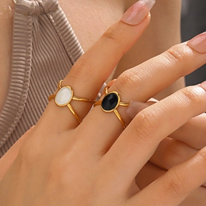 INS Style Fashion Oval Enamel Adjustable Ring 18K Gold Plated Stainless Steel Geometric Cross Line Jewelry For Women