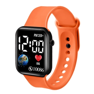 Orange sports digital watch with silicone strap and LED heart rate display for students