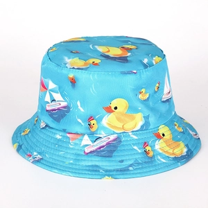 Light blue bucket hat with yellow duck and sailboat pattern for kids and adults
