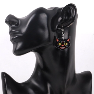 Gothic acrylic black cat earrings for Halloween party featuring orange and yellow facial details