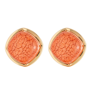 Vintage square stud earrings with golden metal frames and orange cracked resin texture