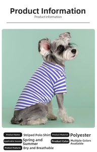 Close-up of blue and white striped dog polo shirt made of breathable polyester