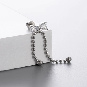 Silver bow knot titanium steel stud earring with sparkling zircon and bead chain tassel