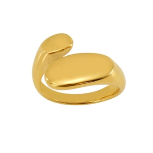 Detailaufnahme eines minimalistischen vergoldeten Edelstahl-Bypass-Rings mit offener Form