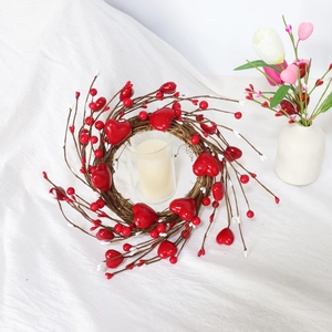 30cm romantic heart wreath with red berries and dry twig base for Valentine's home decor
