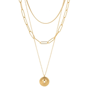 Three-layer gold titanium steel necklace with paperclip chain and relief coin pendant
