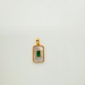 Rectangle 18K gold plated shell pendant with emerald gemstone on white background