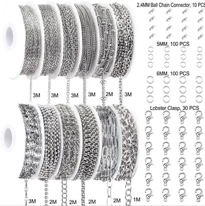 DIY jewelry making kit with 12 styles of stainless steel chains, lobster clasps and rings