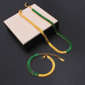 18K gold plated snake chain jewelry set with green rectangular cubic zirconia stones